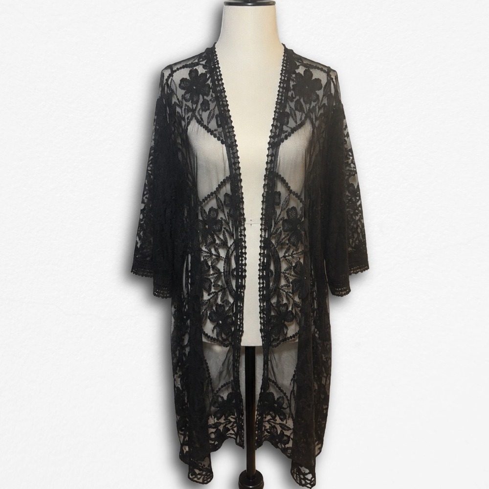 Unbranded Black Lace Kimono Floral Embroidered Sheer Duster Cardigan Free Size